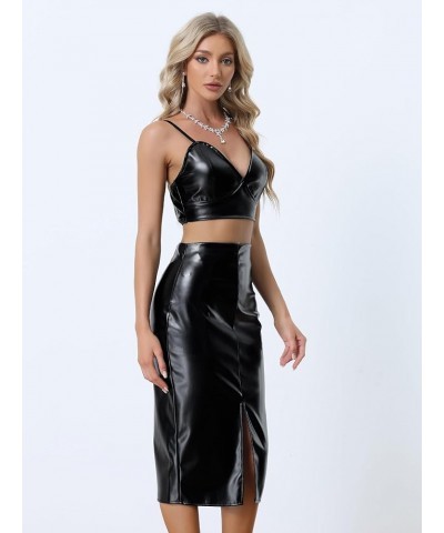 Women's Faux LeatherTop Cocktail Party Crop Cami Bodycon Pencil Skirt 2 Piece Outfit Skirt Set Black $16.38 Suits