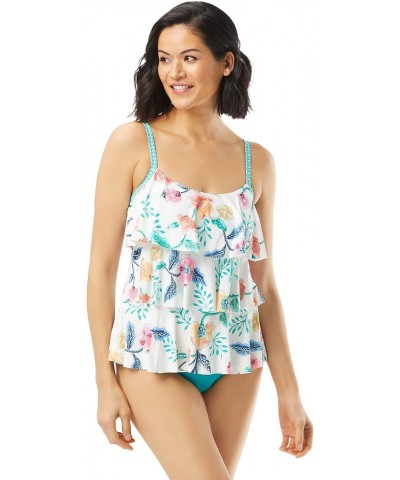 Jane Ruffle Tankini Top — Figure Flattering Modest Ruffled Swimsuit Top Floral Fantasy White Multi $33.60 Swimsuits