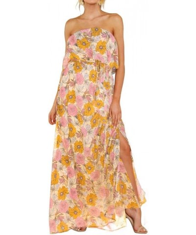 Womens Strapless Dresses Casual Summer High Waist Side Split Flowy Boho Maxi Dress Yellow $16.10 Dresses