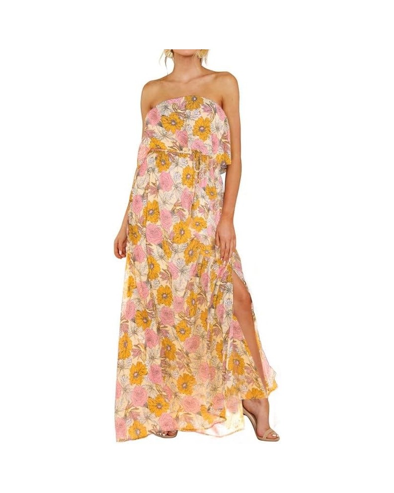 Womens Strapless Dresses Casual Summer High Waist Side Split Flowy Boho Maxi Dress Yellow $16.10 Dresses