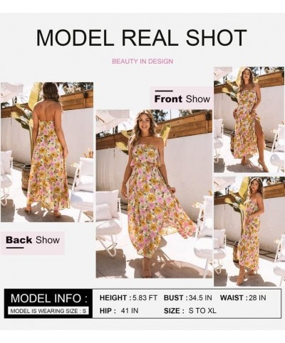 Womens Strapless Dresses Casual Summer High Waist Side Split Flowy Boho Maxi Dress Yellow $16.10 Dresses