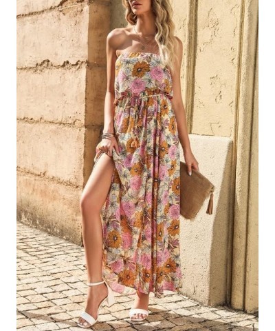 Womens Strapless Dresses Casual Summer High Waist Side Split Flowy Boho Maxi Dress Yellow $16.10 Dresses