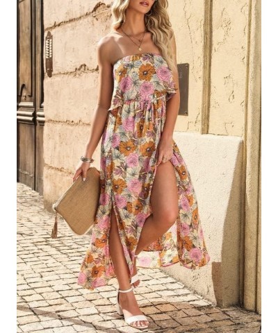 Womens Strapless Dresses Casual Summer High Waist Side Split Flowy Boho Maxi Dress Yellow $16.10 Dresses