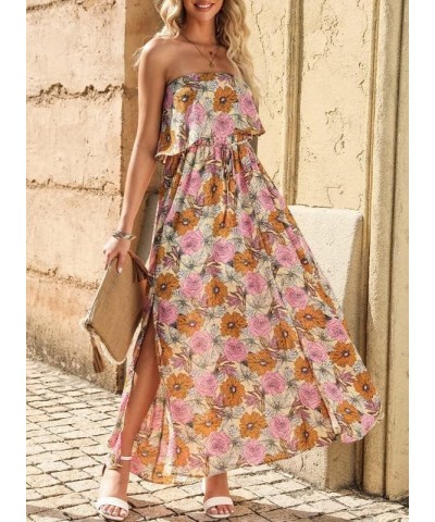 Womens Strapless Dresses Casual Summer High Waist Side Split Flowy Boho Maxi Dress Yellow $16.10 Dresses