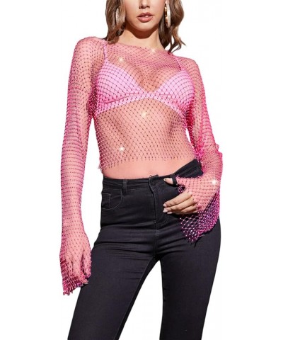 Women Sexy Cover Up Shirt Hollow Out Fishnet Crop Top Feather Rhinestone See Through Mesh Cropped Tee Blouse Y2k Rose Red $14...