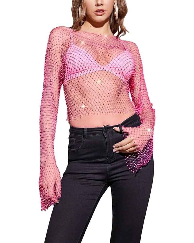 Women Sexy Cover Up Shirt Hollow Out Fishnet Crop Top Feather Rhinestone See Through Mesh Cropped Tee Blouse Y2k Rose Red $14...