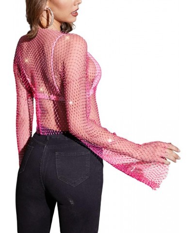 Women Sexy Cover Up Shirt Hollow Out Fishnet Crop Top Feather Rhinestone See Through Mesh Cropped Tee Blouse Y2k Rose Red $14...