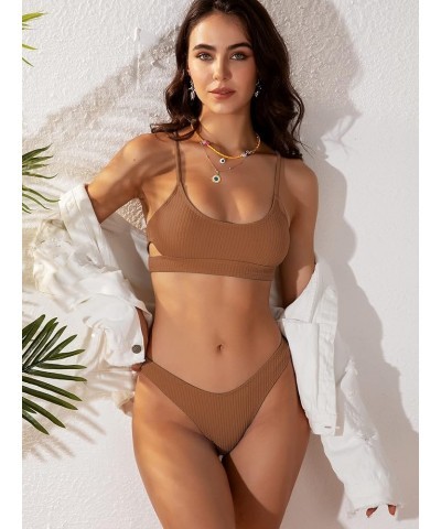 Women's Cutout Bikini Scoop Neck Ribbed High Cut Bikini Sets Two Piece Swimsuit 1-coffee $15.54 Swimsuits