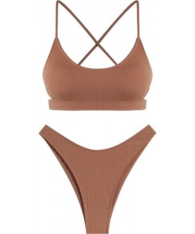 Women's Cutout Bikini Scoop Neck Ribbed High Cut Bikini Sets Two Piece Swimsuit 1-coffee $15.54 Swimsuits