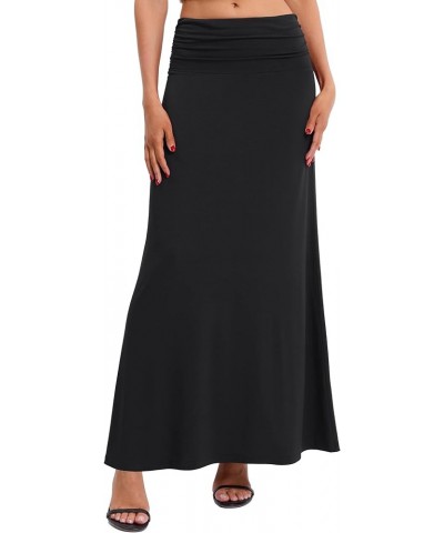 Women's Versatile Long Skirt Ruched High Waist Flare Floor Length Maxi Skirt Black $15.65 Skirts