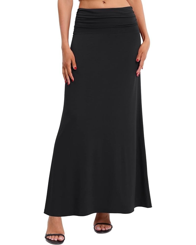 Women's Versatile Long Skirt Ruched High Waist Flare Floor Length Maxi Skirt Black $15.65 Skirts