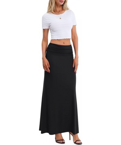 Women's Versatile Long Skirt Ruched High Waist Flare Floor Length Maxi Skirt Black $15.65 Skirts