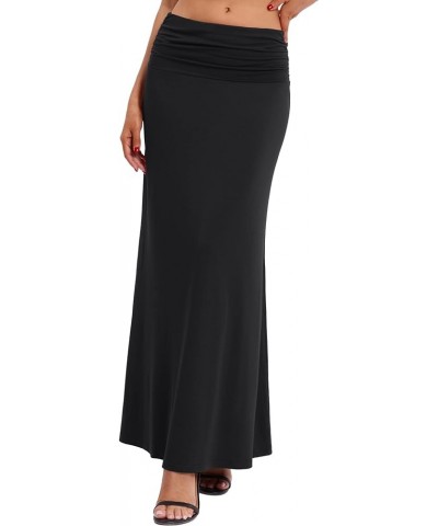 Women's Versatile Long Skirt Ruched High Waist Flare Floor Length Maxi Skirt Black $15.65 Skirts