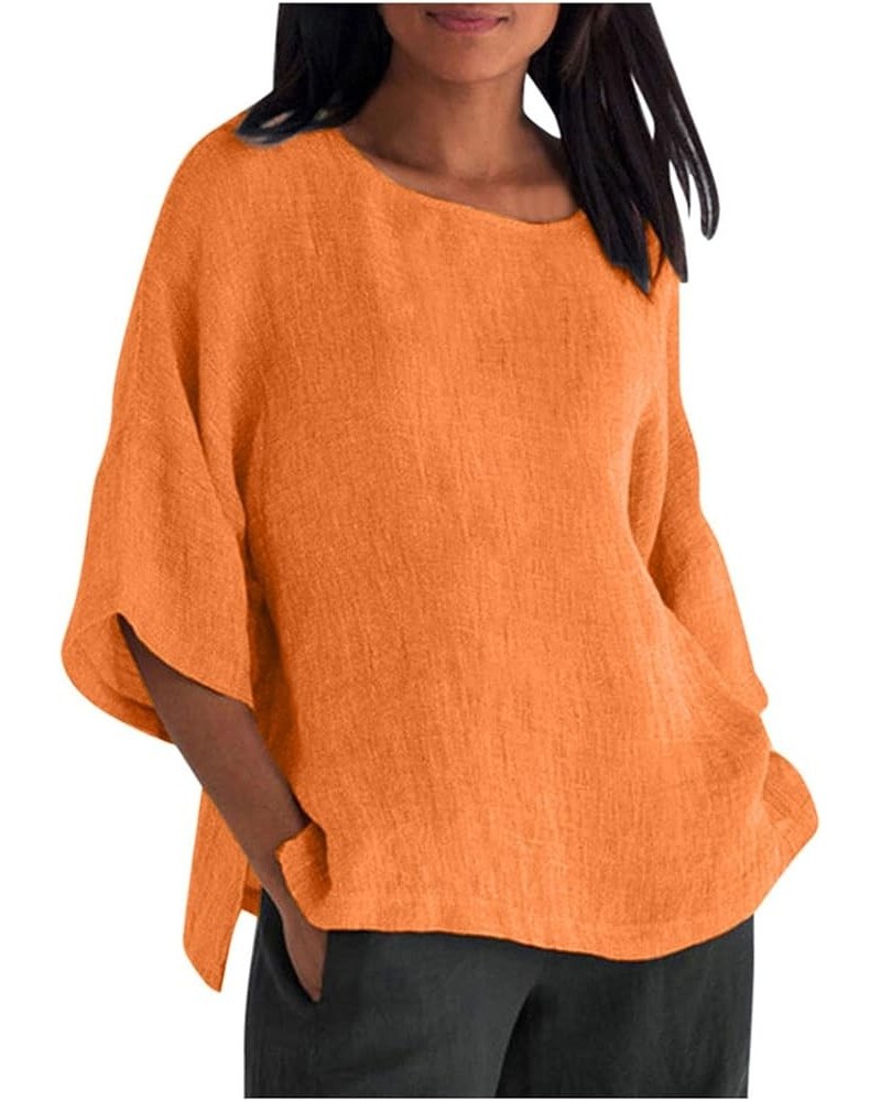 Casual Cotton Linen Tops for Women Summer 3/4 Sleeve Plus Size T Shirts Loose Fit Crew Neck Side Split Basic Blouses C-orange...