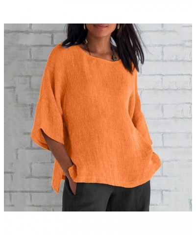 Casual Cotton Linen Tops for Women Summer 3/4 Sleeve Plus Size T Shirts Loose Fit Crew Neck Side Split Basic Blouses C-orange...