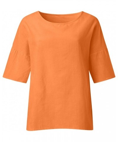 Casual Cotton Linen Tops for Women Summer 3/4 Sleeve Plus Size T Shirts Loose Fit Crew Neck Side Split Basic Blouses C-orange...