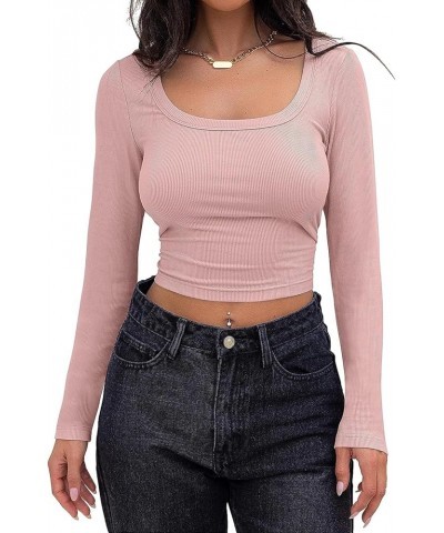 Womens Sexy Fitted Long Sleeve Crop Top Square Neck Ribbed Y2K Tight Going Out Cropped Knit Shirts A Pink $11.01 T-Shirts