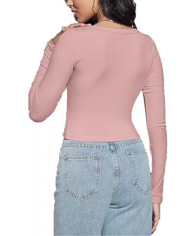 Womens Sexy Fitted Long Sleeve Crop Top Square Neck Ribbed Y2K Tight Going Out Cropped Knit Shirts A Pink $11.01 T-Shirts