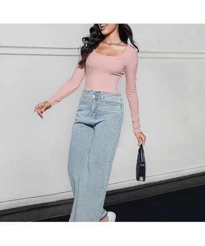 Womens Sexy Fitted Long Sleeve Crop Top Square Neck Ribbed Y2K Tight Going Out Cropped Knit Shirts A Pink $11.01 T-Shirts