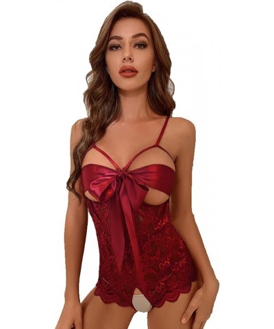 Women's Self Knot Front Teddy Lingerie One Piece Floral Lace Bodysuit Babydoll Burgundy $12.71 Lingerie