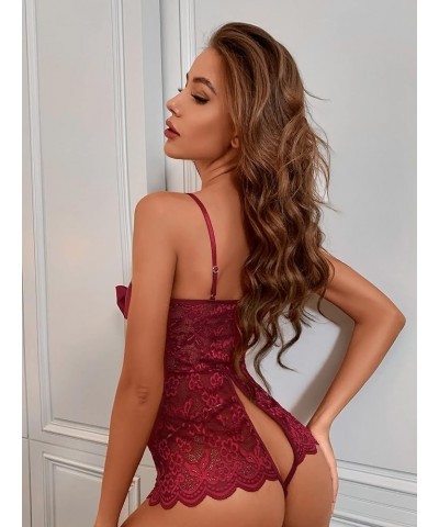 Women's Self Knot Front Teddy Lingerie One Piece Floral Lace Bodysuit Babydoll Burgundy $12.71 Lingerie