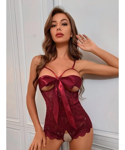 Women's Self Knot Front Teddy Lingerie One Piece Floral Lace Bodysuit Babydoll Burgundy $12.71 Lingerie