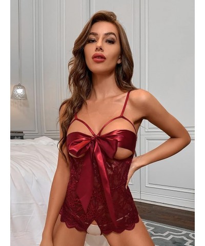 Women's Self Knot Front Teddy Lingerie One Piece Floral Lace Bodysuit Babydoll Burgundy $12.71 Lingerie