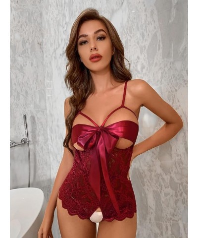 Women's Self Knot Front Teddy Lingerie One Piece Floral Lace Bodysuit Babydoll Burgundy $12.71 Lingerie