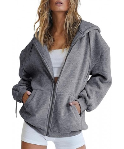 Womens Sweaters,Women's Fall Pure Color Sweatshirt Oversized Pocket Casual Drawstring Zipper Long Sleeve Hoodie Dark Gray-c $...