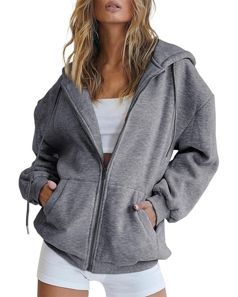 Womens Sweaters,Women's Fall Pure Color Sweatshirt Oversized Pocket Casual Drawstring Zipper Long Sleeve Hoodie Dark Gray-c $...