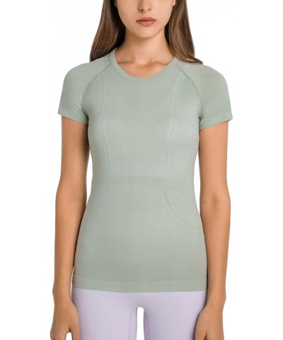 Seamless Workout T Shirts for Women, Breathable Short Sleeve Yoga Tops, Athletic Gym Shirts Light Green $11.00 Activewear