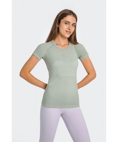 Seamless Workout T Shirts for Women, Breathable Short Sleeve Yoga Tops, Athletic Gym Shirts Light Green $11.00 Activewear