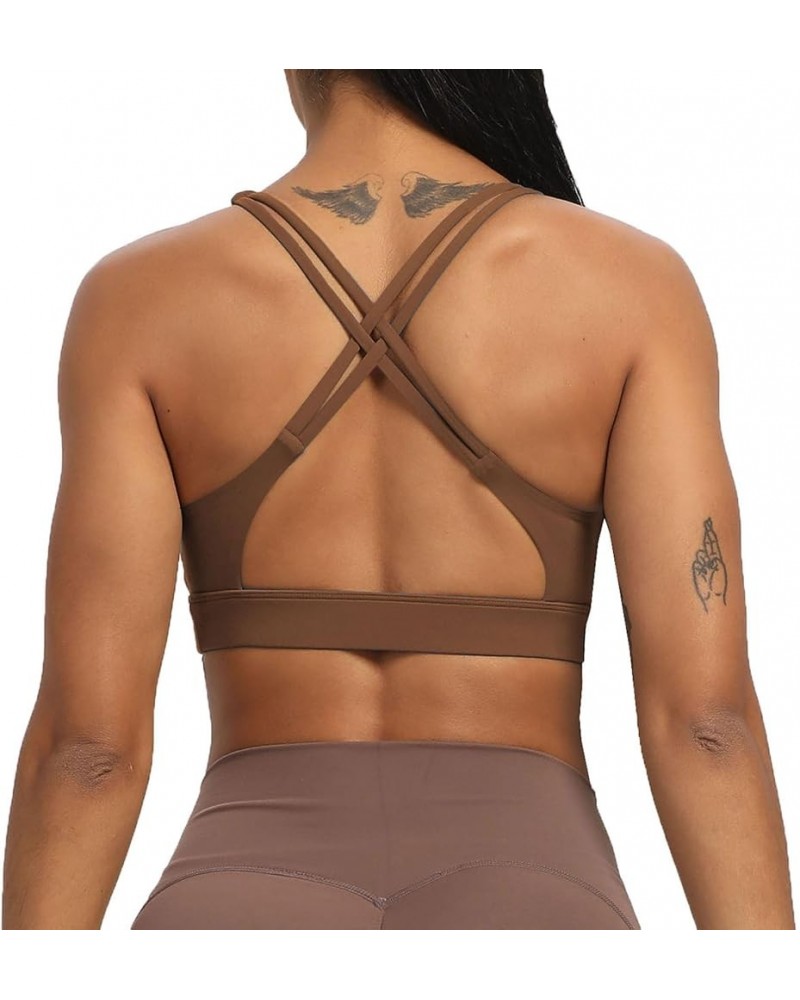 Women's Workout Sports Bras Fitness Medium-High Cross Back Sporty Padded Bra Yoga Crop Tank Top Dandelion Brown $13.99 Lingerie