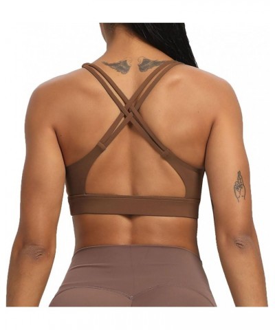 Women's Workout Sports Bras Fitness Medium-High Cross Back Sporty Padded Bra Yoga Crop Tank Top Dandelion Brown $13.99 Lingerie