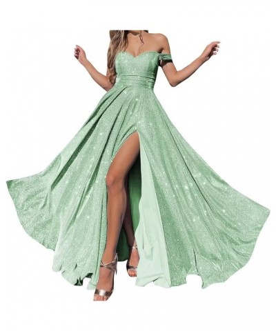 Off Shoulder Prom Dresses for Women 2023 Glitter Sparkly Split Long Formal Evening Party Gowns with Pockets Mint Green $41.30...