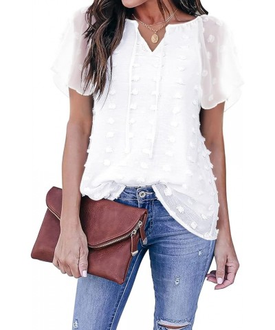 Womens Summer V Neck Tops Short Sleeve Chiffon Blouse Swiss Dot Shirts Casual Tunic White $8.09 Blouses