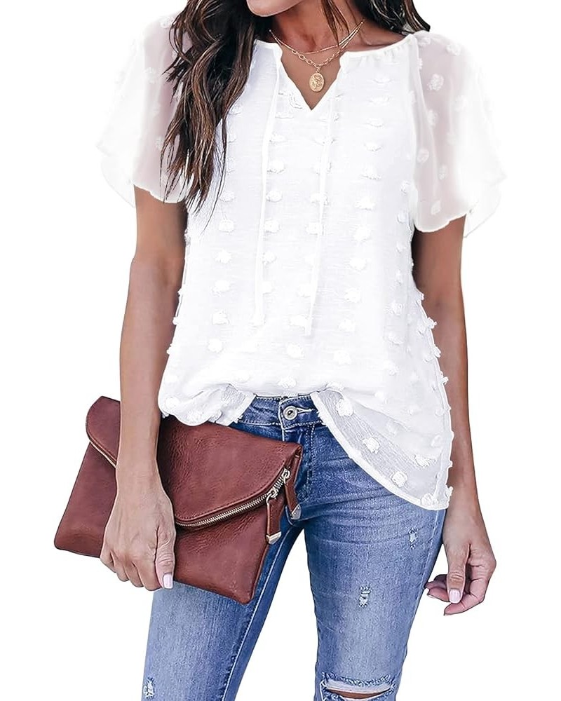 Womens Summer V Neck Tops Short Sleeve Chiffon Blouse Swiss Dot Shirts Casual Tunic White $8.09 Blouses