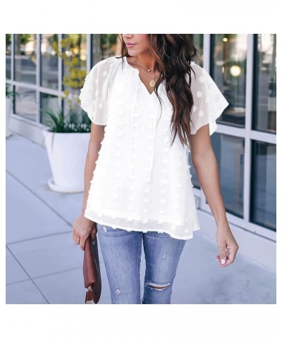 Womens Summer V Neck Tops Short Sleeve Chiffon Blouse Swiss Dot Shirts Casual Tunic White $8.09 Blouses