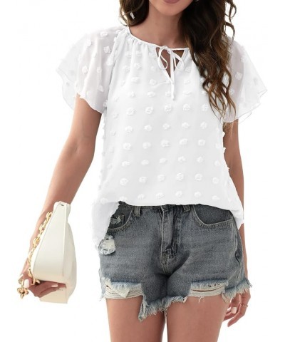 Womens Summer V Neck Tops Short Sleeve Chiffon Blouse Swiss Dot Shirts Casual Tunic White $8.09 Blouses