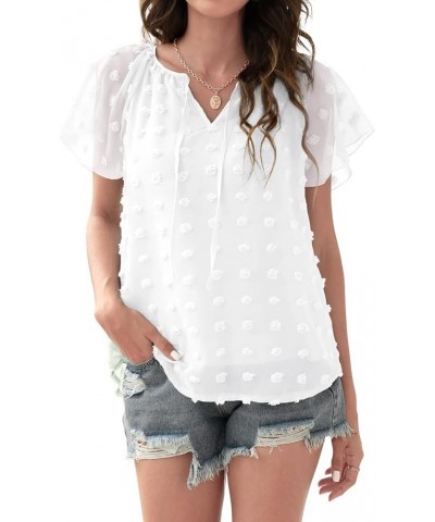 Womens Summer V Neck Tops Short Sleeve Chiffon Blouse Swiss Dot Shirts Casual Tunic White $8.09 Blouses