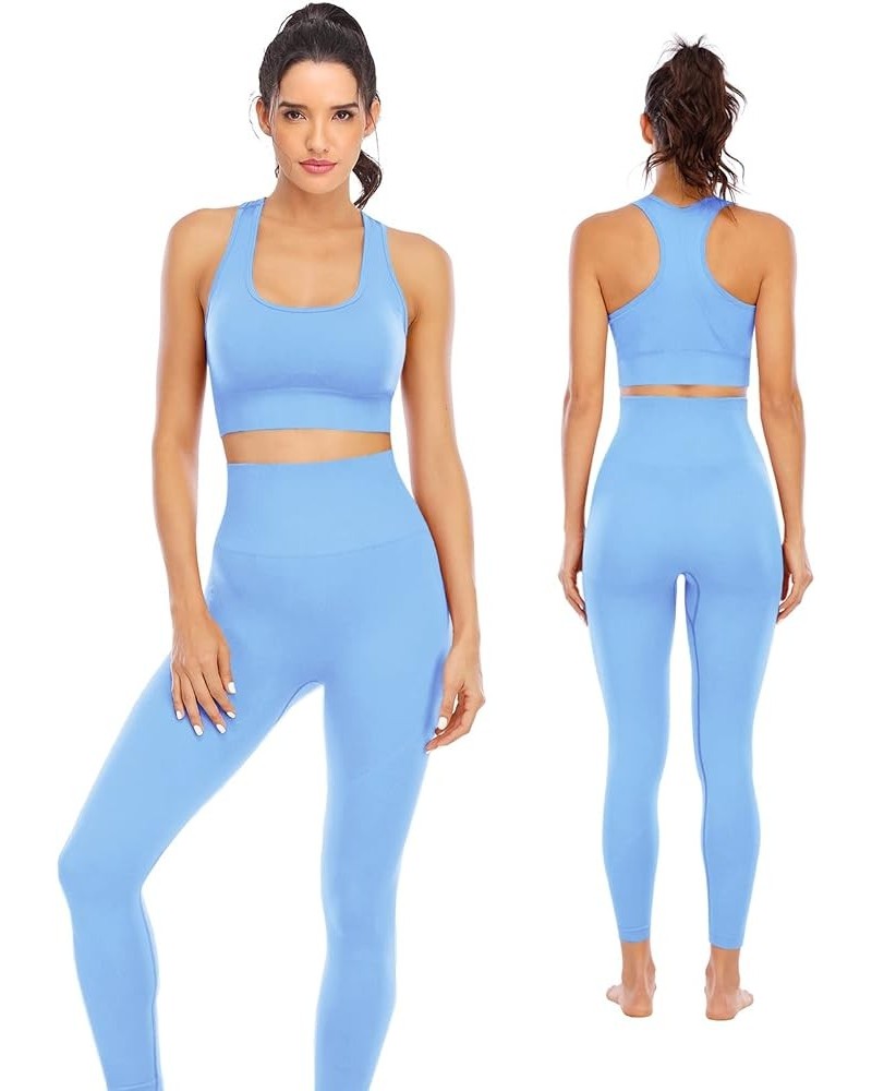 Workout Sets for Women 2 Piece High Waisted Seamless Leggings with Padded Stretchy Sports Bra Sets Gym Clothes Blue $18.69 Ac...