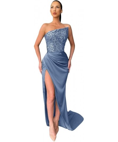 Sexy Sequin Mermaid Prom Dress Sleeveless Long Satin Evening Gown with Slit Plus Size Dusty Blue $42.75 Dresses