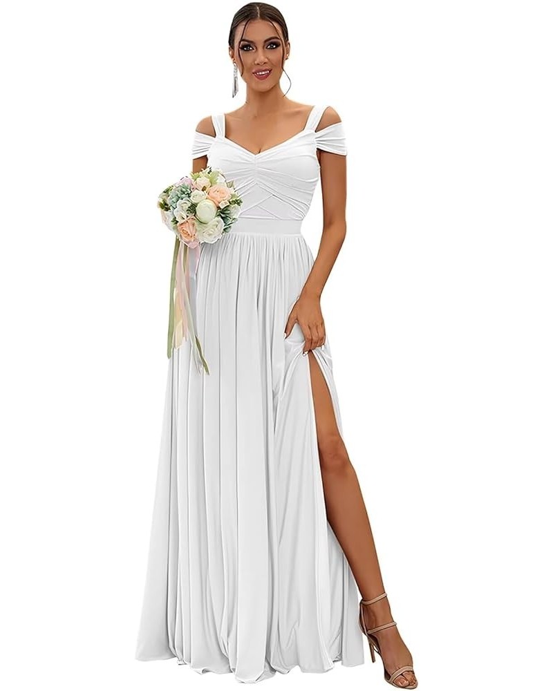 Off The Shoulder Bridesmaid Dresses Long for Wedding Chiffon Maid of Honor Dress V Neck Evening Gowns with Slit White $33.79 ...