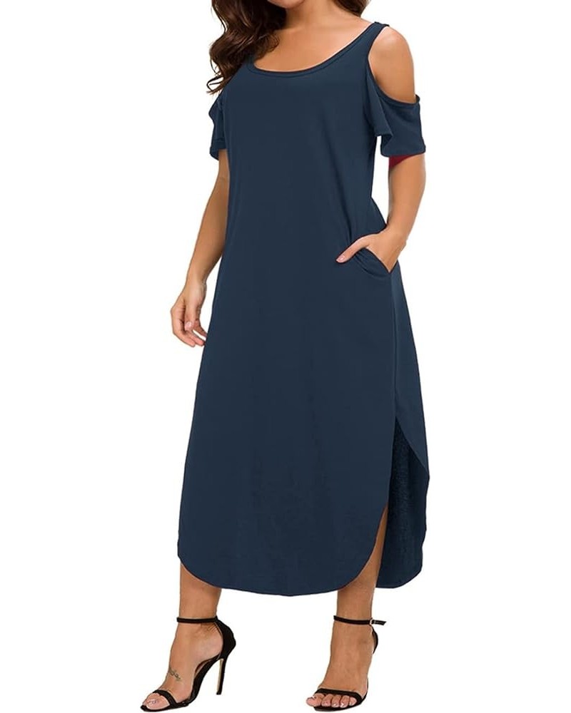 Women's Plus Size Summer Maxi Dresses Short Sleeve Casual Loose Plain Floral Print Split Long Dress with Pockets B1-dark-blue...