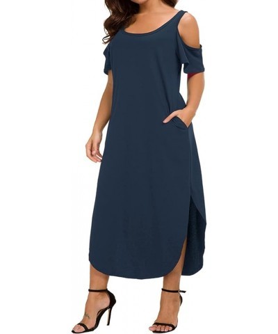 Women's Plus Size Summer Maxi Dresses Short Sleeve Casual Loose Plain Floral Print Split Long Dress with Pockets B1-dark-blue...