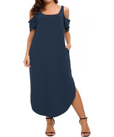 Women's Plus Size Summer Maxi Dresses Short Sleeve Casual Loose Plain Floral Print Split Long Dress with Pockets B1-dark-blue...