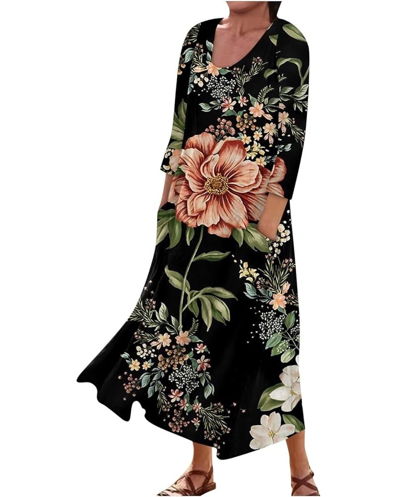 Maxi Dress for Women Long Sleeve Printing Cute Flowy Oversize Summer Beach Linen Dresses with Pocket 44-black $17.10 Dresses