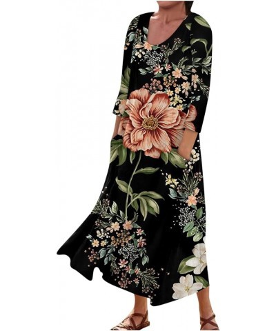 Maxi Dress for Women Long Sleeve Printing Cute Flowy Oversize Summer Beach Linen Dresses with Pocket 44-black $17.10 Dresses