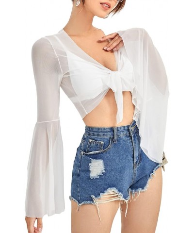 Women's Tie Front Bell Long Sleeve Blouse Sheer Mesh Crop Top White $14.24 Blouses