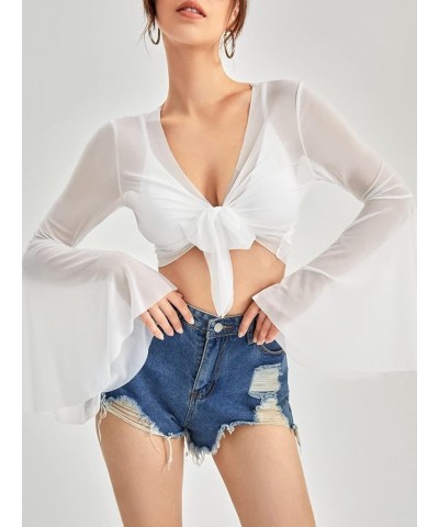 Women's Tie Front Bell Long Sleeve Blouse Sheer Mesh Crop Top White $14.24 Blouses